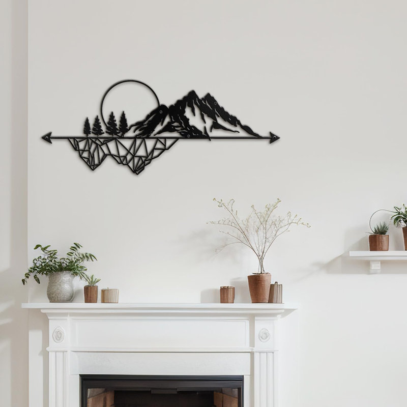 Mountain and Trees Arrow Decor Modern Abstract Wall Accent Sculpture Hanging Decoration Metal Wall Decor, Blck