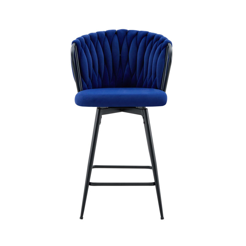 Tabouret de bar moderne en velours tressé avec dossier en corde tissée et structure en métal, Siège beige / cadre doré