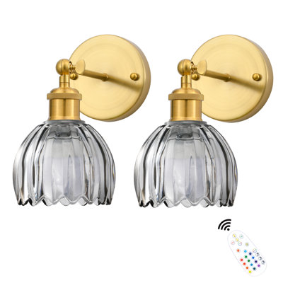 Rgb Dimmable Wireless Wall Sconces,Multi-Color Rechargeable Gold & Grey Glass Wall Sconces (Set Of 2