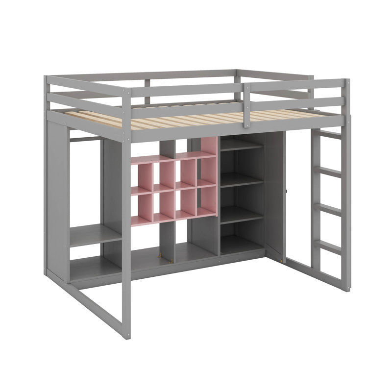 Lit mezzanine double en bois avec tablettes, armoire et garde-robe, Gris / Rose