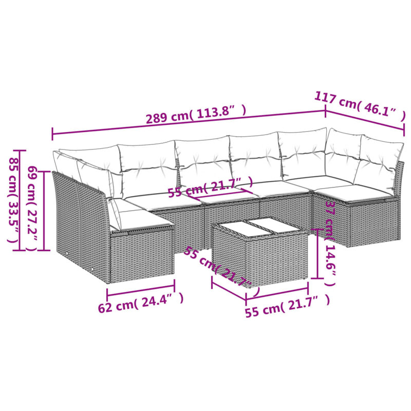 Ensemble de canapé de patio 8 pièces avec coussins en rotin de polyester, Bleu clair, Noir