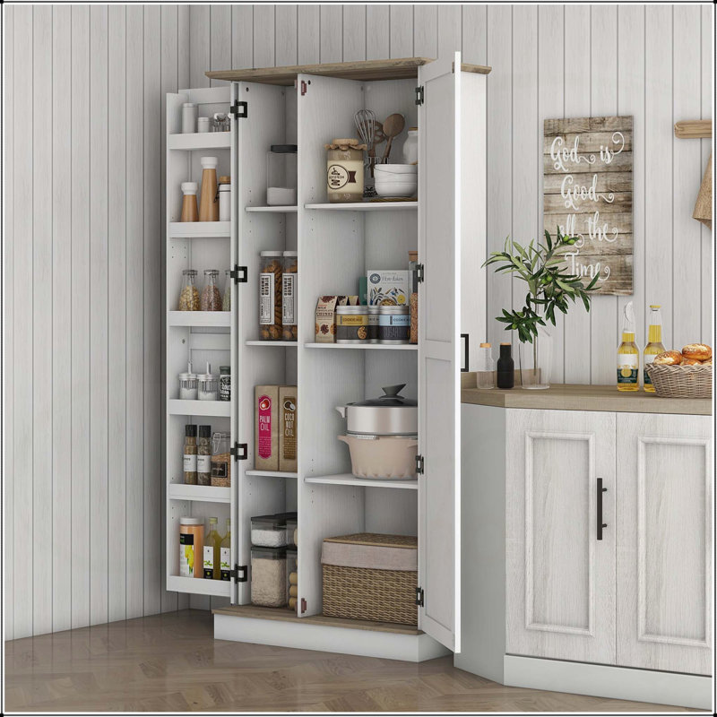 Grand garde-manger moderne avec 6 étagères à épices et tablettes réglables, finition blanc crème