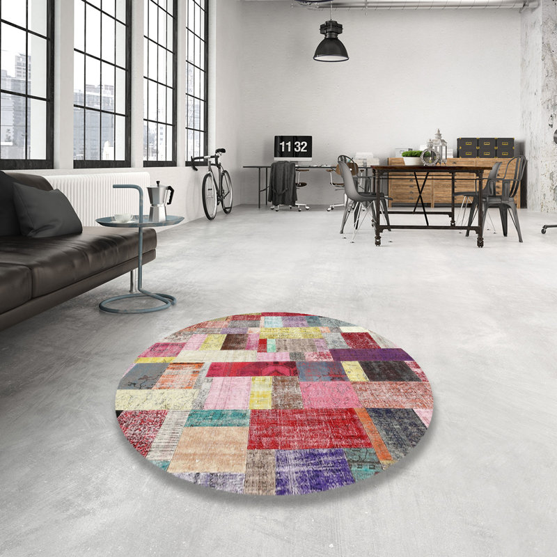 Tapis rouge/brun/bleu zone contemporaine, Rond 4 pi