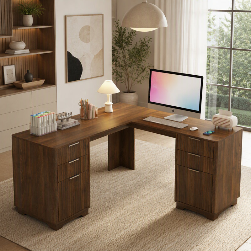 Bureau en L, bureau d'ordinateur avec tiroirs, bibliothèque, bureau d'angle moderne, bureau à domicile, bureau d'écriture en L, bureau d'ordinateur de coin avec rangement