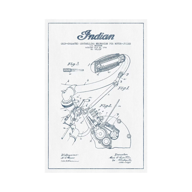 Indian Motorcycle Grip-Operated Controlling Mechanism For Motorcycles Patent Sketch (Ink) by Aged Pixel - Wrapped Canvas Painting