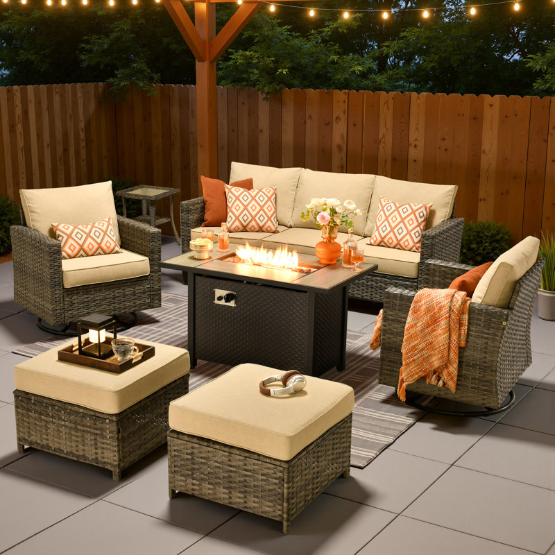 Ensemble de conversation de patio en osier / rotin 7 pièces avec chaises berçantes Harbin, Beige