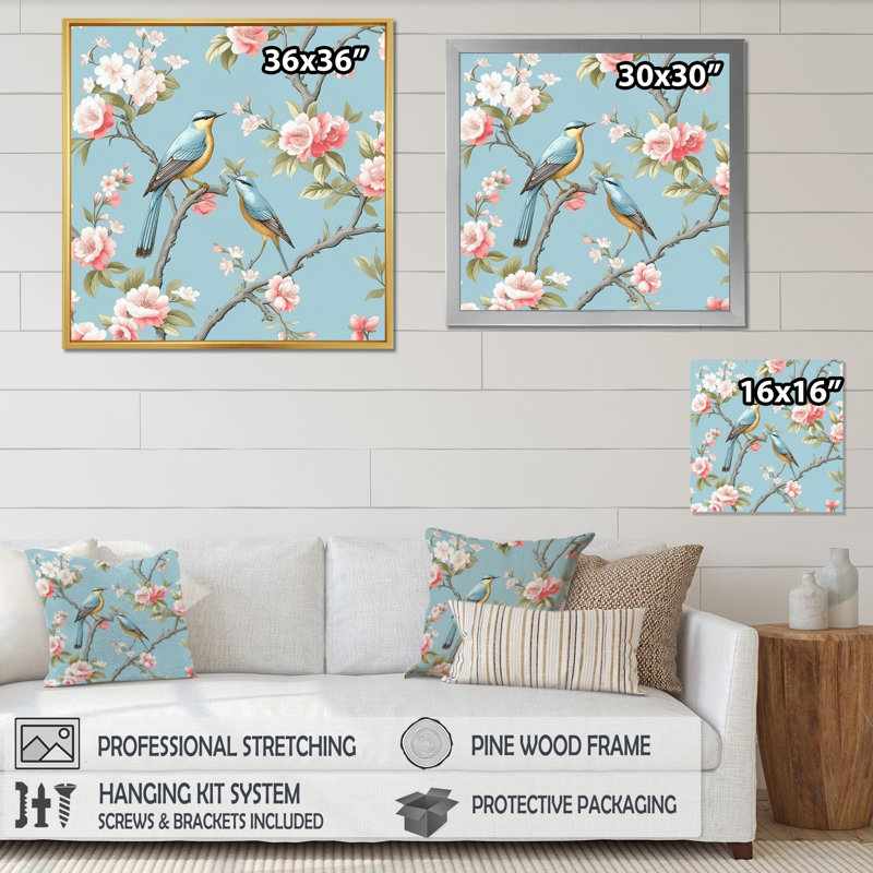 Chinoiserie avec oiseaux et pivoines - impression, Cadre flottant noir, H 30 po x l 30 po x P 1 po
