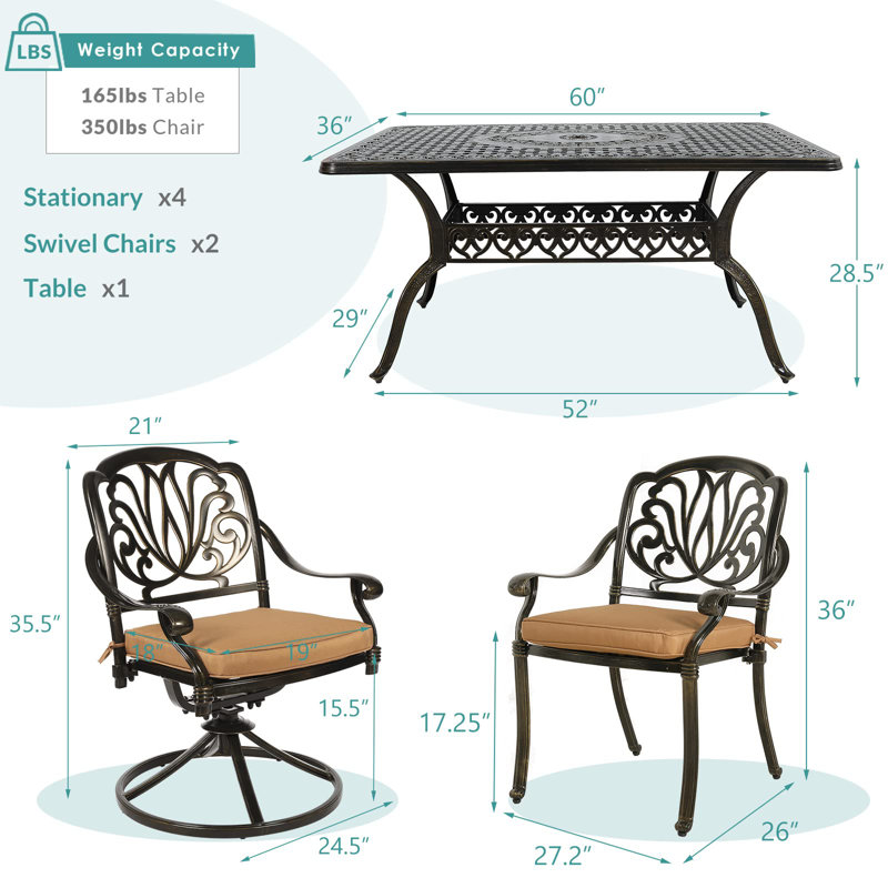 6 - Person Patio Dining Set with Rectangular Table , Cushions Included, Khaki