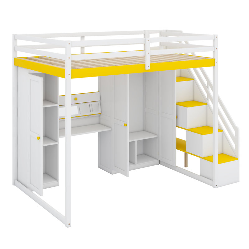 Lit mezzanine avec escalier de rangement, commode intégrée, garde-robe et fonctions intelligentes de charge et d'éclairage