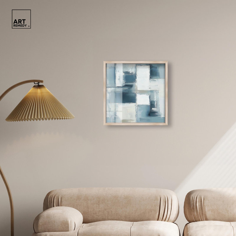 Art abstrait bleu déconstruit «I Shadowbox» par Art Remedy, H 21 po x l 21 po, Crème, crème