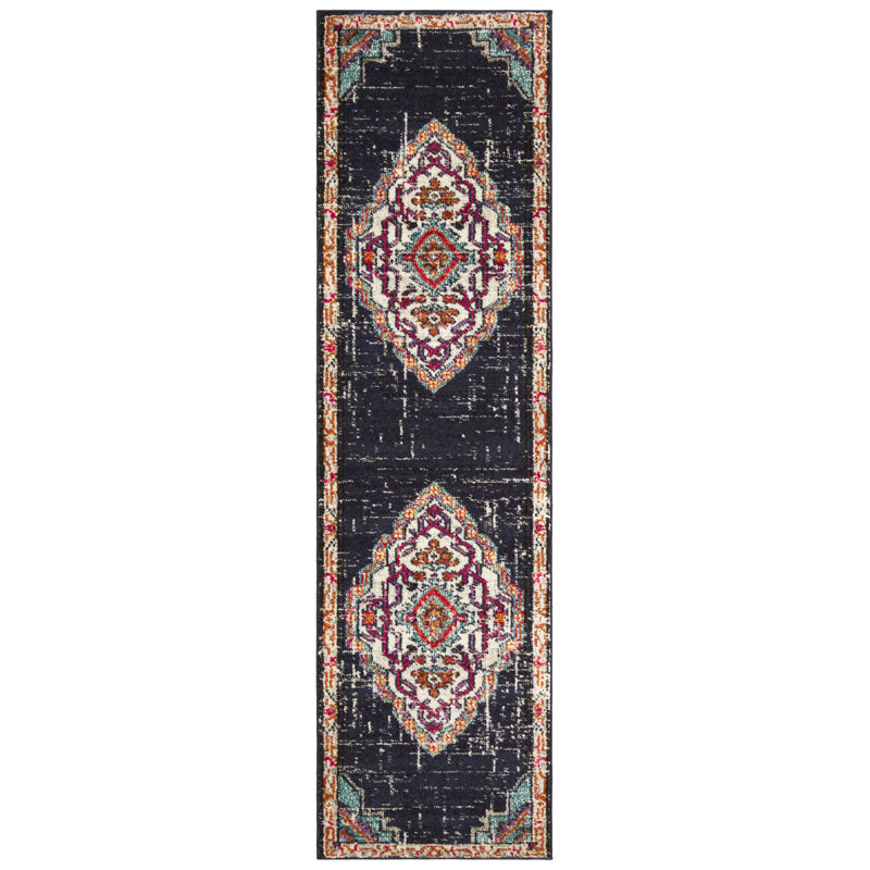Hertzler Oriental Jute Black / Blue Area Rug, Runner 2'2" x 8'