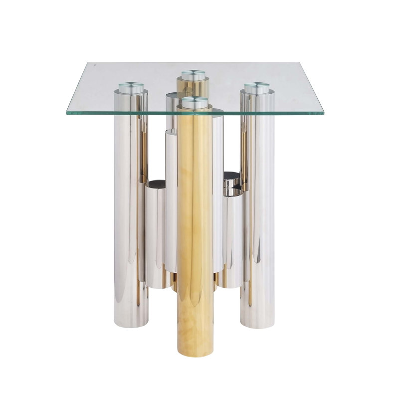 Table de bout en verre, table de chevet avec base en métal