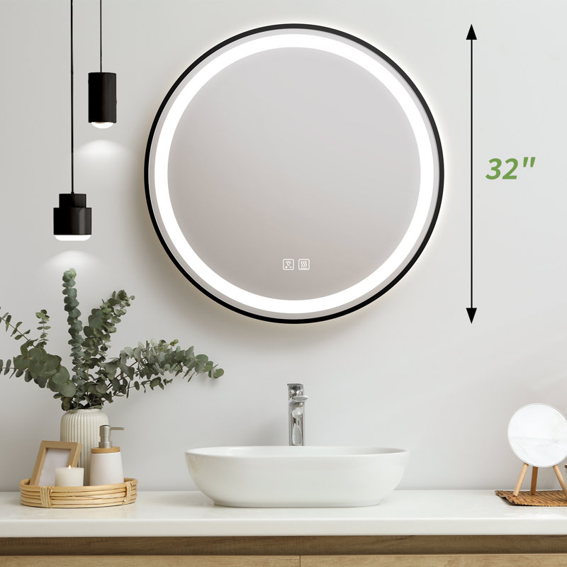 Jatonya Aluminum Framed LED Bathroom Vanity Mirror Dimmable Anti Fog Makeup Mirror, Round, 32" x 32"