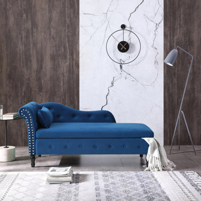Blue Velvet Multifunctional Chaise Lounge With Storage, Solid Wood Legs, Button Tufting And A Skin - Fabric 60" Storage Tufting, Nailhead Trim, Legs 1 Pillow 2 In Design For Bedroom, Living Room,