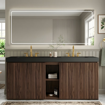 Grand meuble-lavabo autoportant avec lavabo en quartz noir intégré