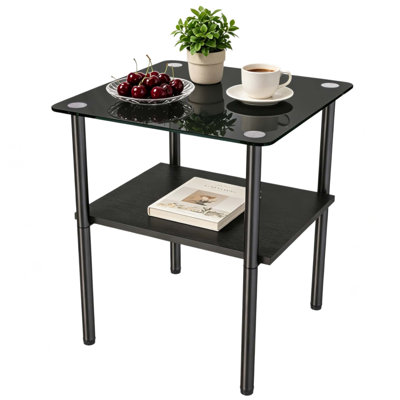 2-piece Modern Rectangular Glass Side Table with Tempered Glass Top, MDF Shelf, and Metal Legs for Living Room & Bedroom