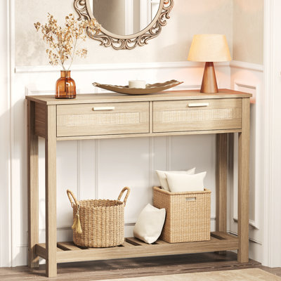 39" Boho Rattan Console Table with 2 Drawers & Open Shelf