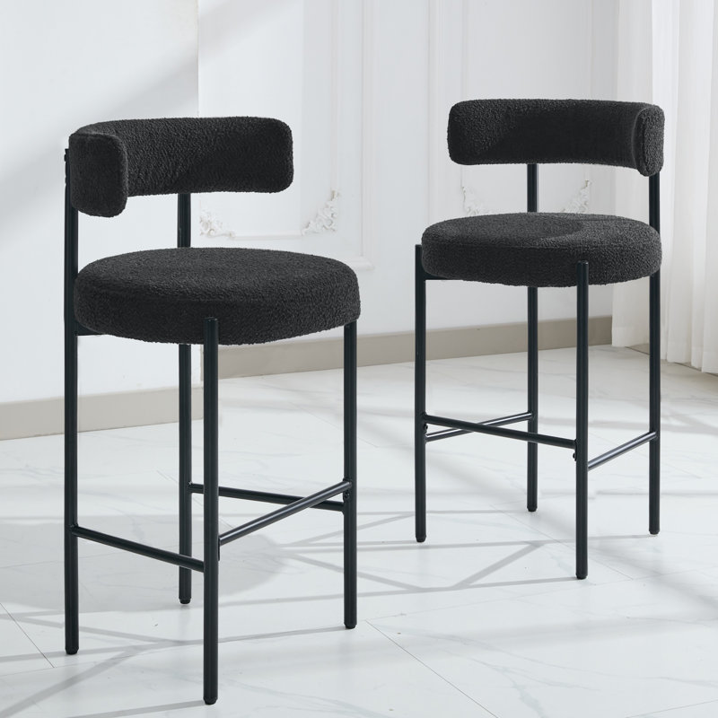 28" Boucle Upholstered Metal Counter Stool Set Of 2, 3, Black
