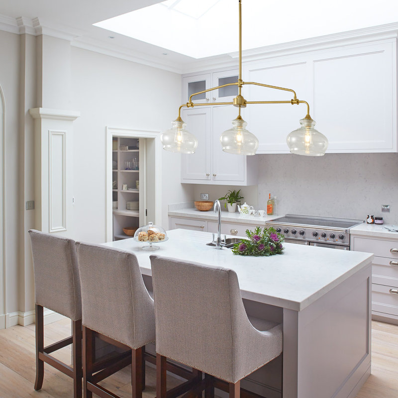 Modern Industrial Farmhouse Kitchen Island Light With Clear Glass Shades, Pendant Lights Linear Chandeliers Adjustable Hanging Height, For Dining Room, Living Room Or Kitchen, Cool Brass Finish