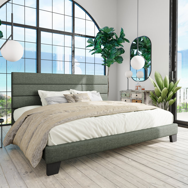 Lit plateforme Elison avec tête de lit tapissier en tissu et lattes en bois, Très grand, Vert