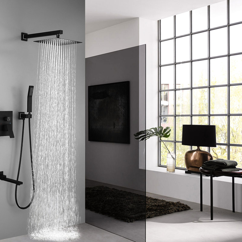 Matte Black 10 Inch Square Shower - Luxury Bathroom Rain Mixer With Easy Nozzle Wall Mounted System Self-Cleaning For Easy Clean