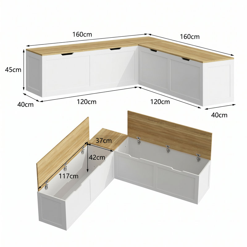160cm L-Shaped Corner Storage Bench, 4 Flip-Top Compartments, 240kg, White/Oak