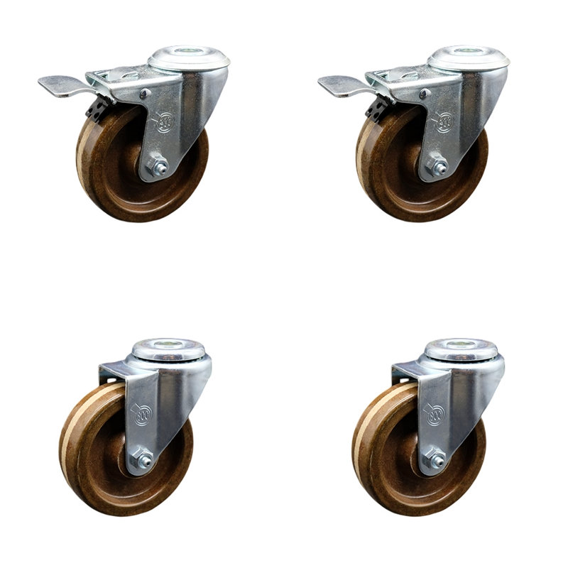 4 Inch High Temp Phenolic Swivel Bolt Hole Caster Set with 2 Total Lock Brake