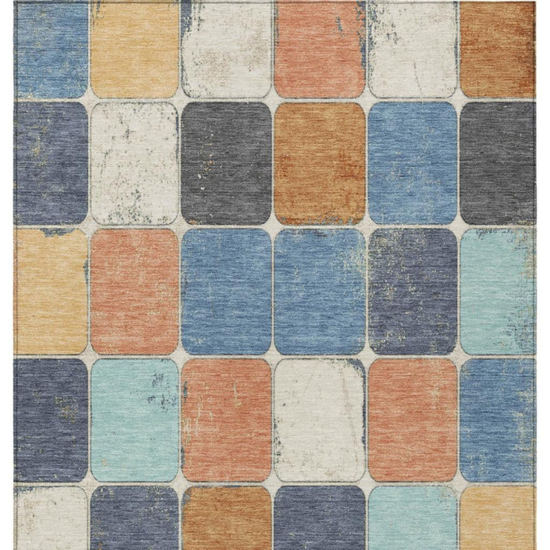 3' X 5' Rust And Denim Blue Geometric Washable Indoor Outdoor Area Rug