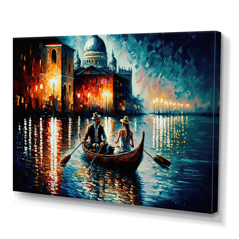 Soirée romantique sur un petit bateau II - Peinture sur toile, H 12 po x l 20 po x P 1 po, Toile tendue