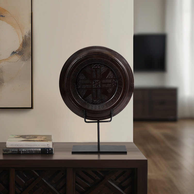 Boho Wood and Metal Sculpture with Tribal-Inspired Carved Detail and Decorative Stand for Modern Artistic Appeal.