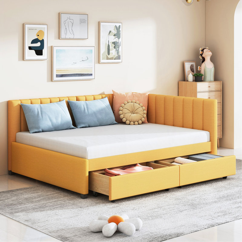 Full Size Upholstered Daybed With 2 Storage Drawers Sofa Bed Frame No Box Spring Needed, Linen Fabric (Yellow), Yellow