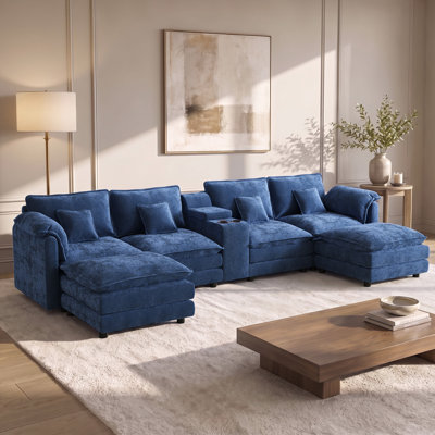 Oversized Chenille U Shaped Sectional Sofa With Double Chaises USB Console And Ottomans