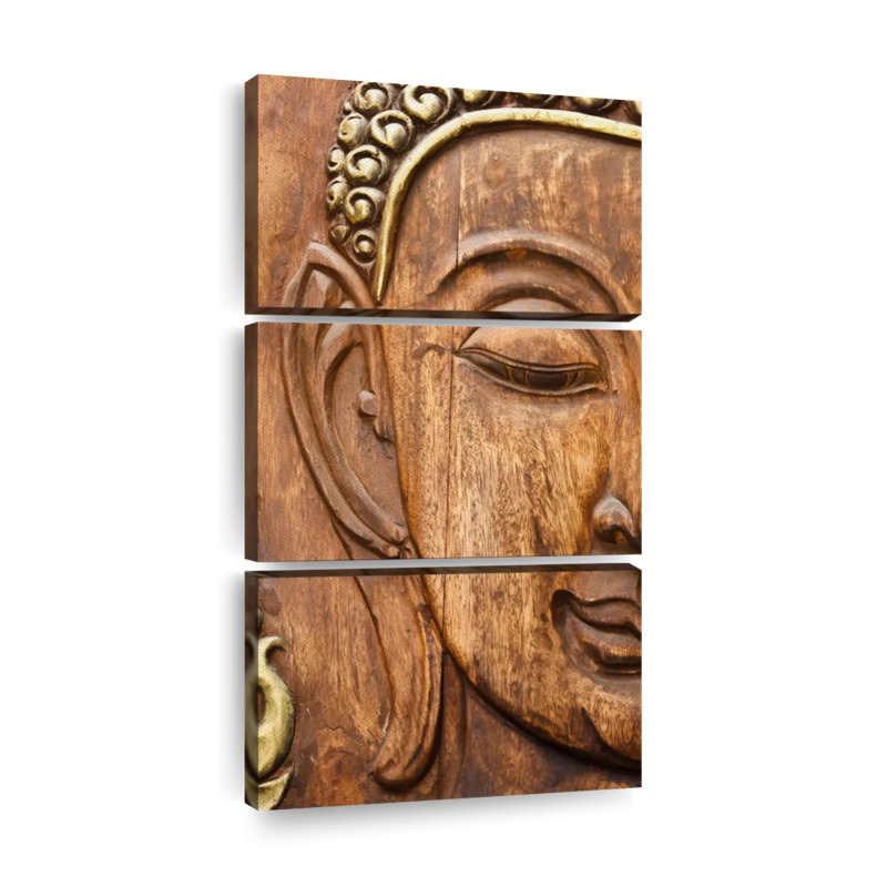 Bouddha en bois sculpté 3 pièces, H 27 po x l 12 po x P 1 po