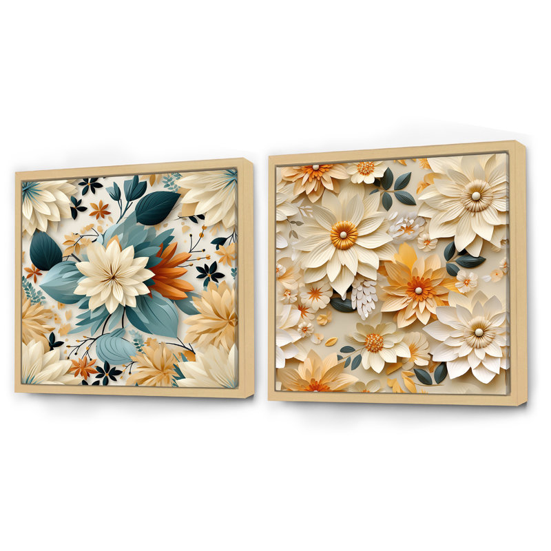 Hippolyte - Ensemble de 2 collages floraux carrés, Cadre flottant brun, H 30 po x l 61 po