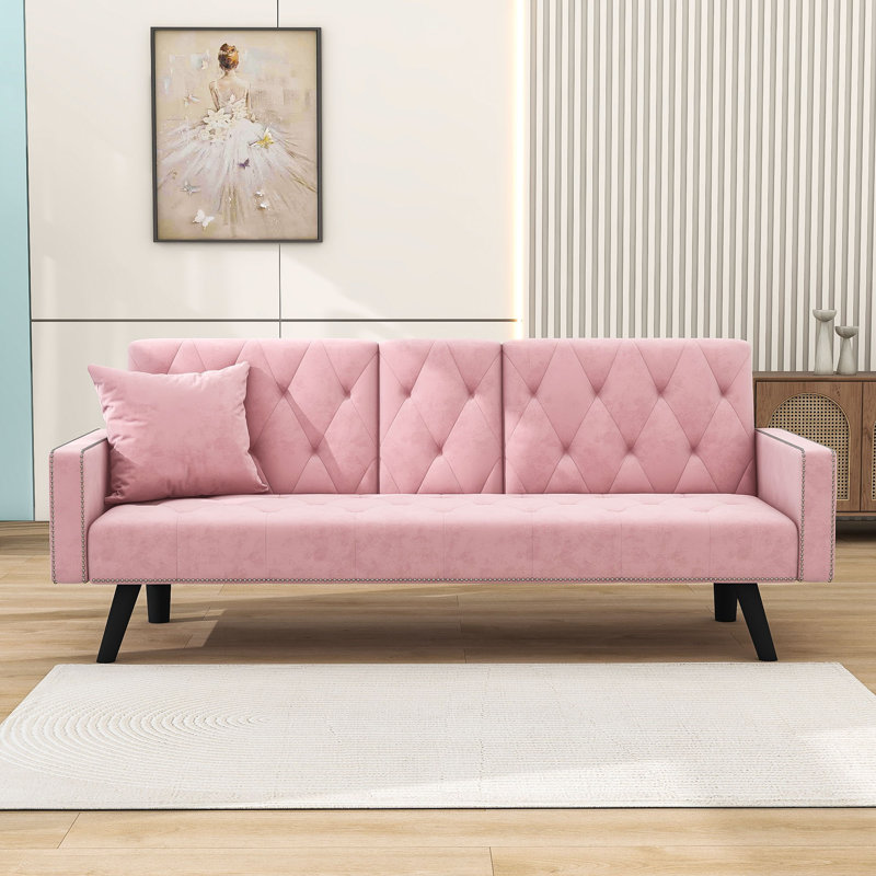 Merrylee Adjustable Sofa Bed with Nail Trim, Tuft, Armrest and 2 Cup Holders, Pink Chenille