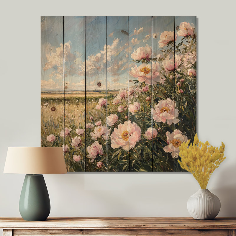 Pivoines aux bords de la ferme IV - Art mural en bois pivoines - sur bois de pin naturel, H 30 po x l 30 po x P 0,78 po