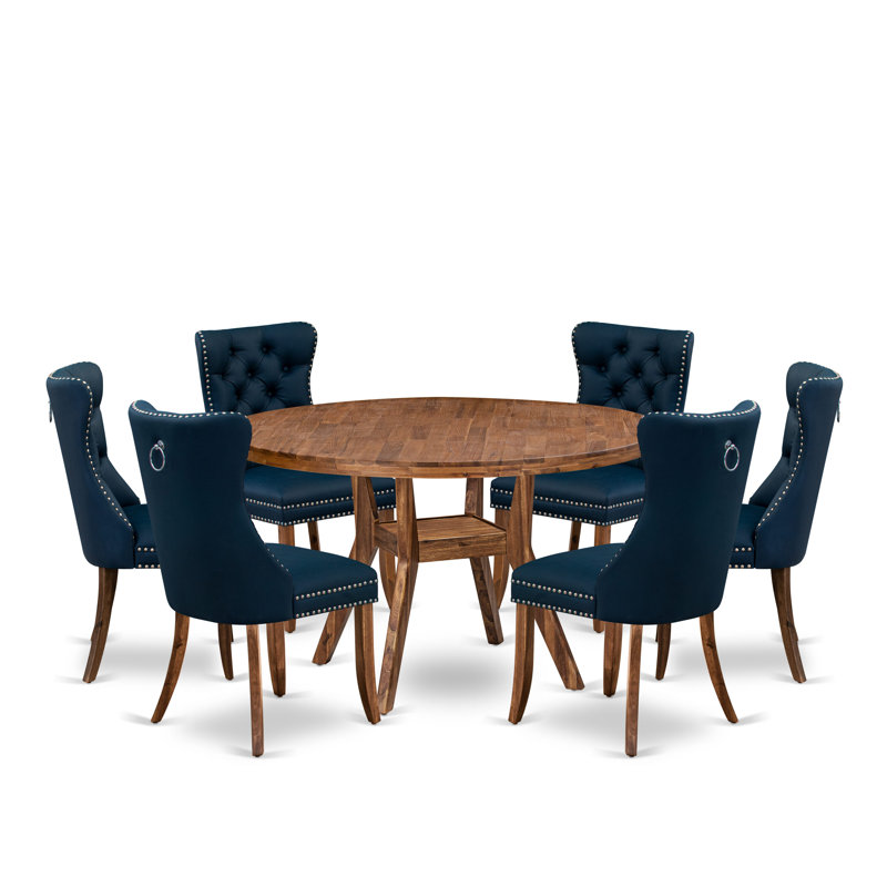Ensemble de table de cuisine 7 pièces en polyester 6 chaises de salle à manger rembourrées bleu marine, dossiers capitonnés et une table ronde de 54 po au fini noyer antique.