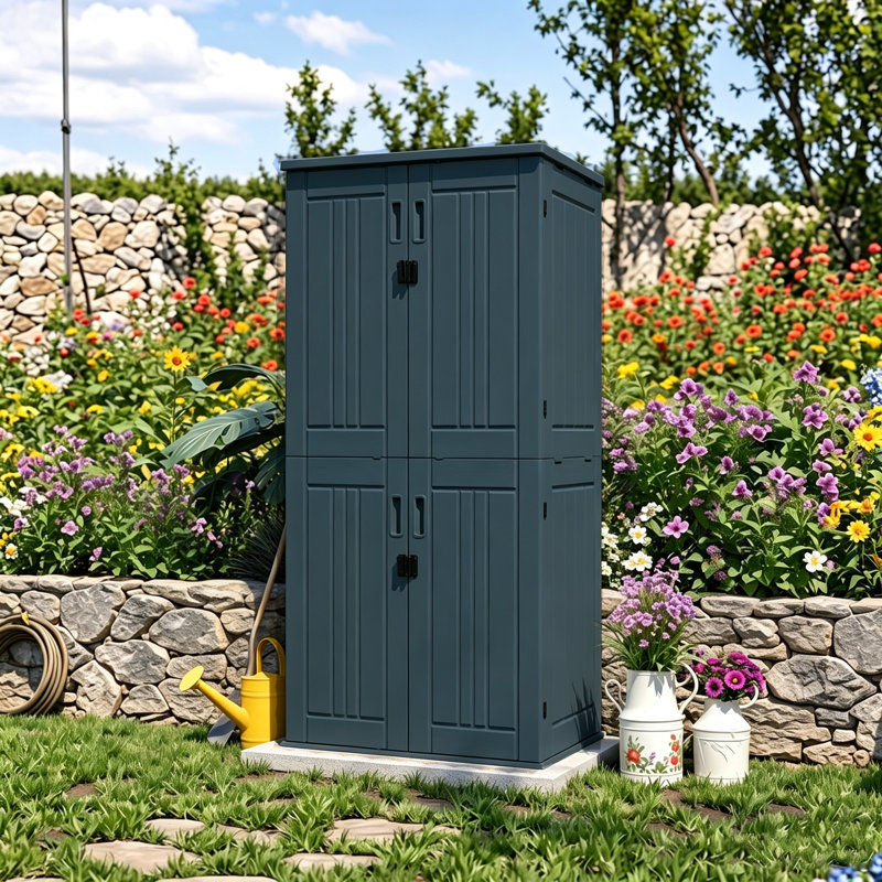 Altibloom 66.14 in Tall Resin Outdoor Storage Shed, 30.43 in W x 22.95 in D, 28 cu.ft, 4 Shelves, Lockable Handles, for Patio and Garage