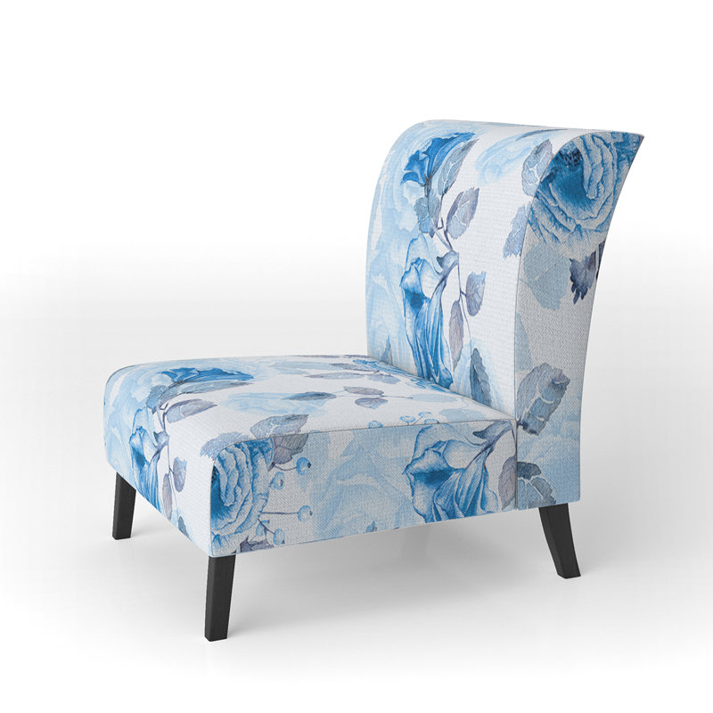 Fauteuil de chambre moderne rembourré en velours Brechta Vibrant Curve Design II, Fleur bleue / blanc