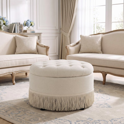 Pouf rond de 60,5 cm avec rangement, pouf ottoman rembourré de style bohème, pouf de rangement en lin pour salon, chambre, entrée