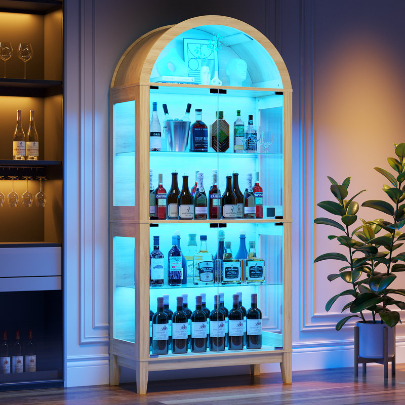 175cm H x 75cm W Modern Arched Glass Bookcase with RGB LED Lighting & Removable Shelves, Oak