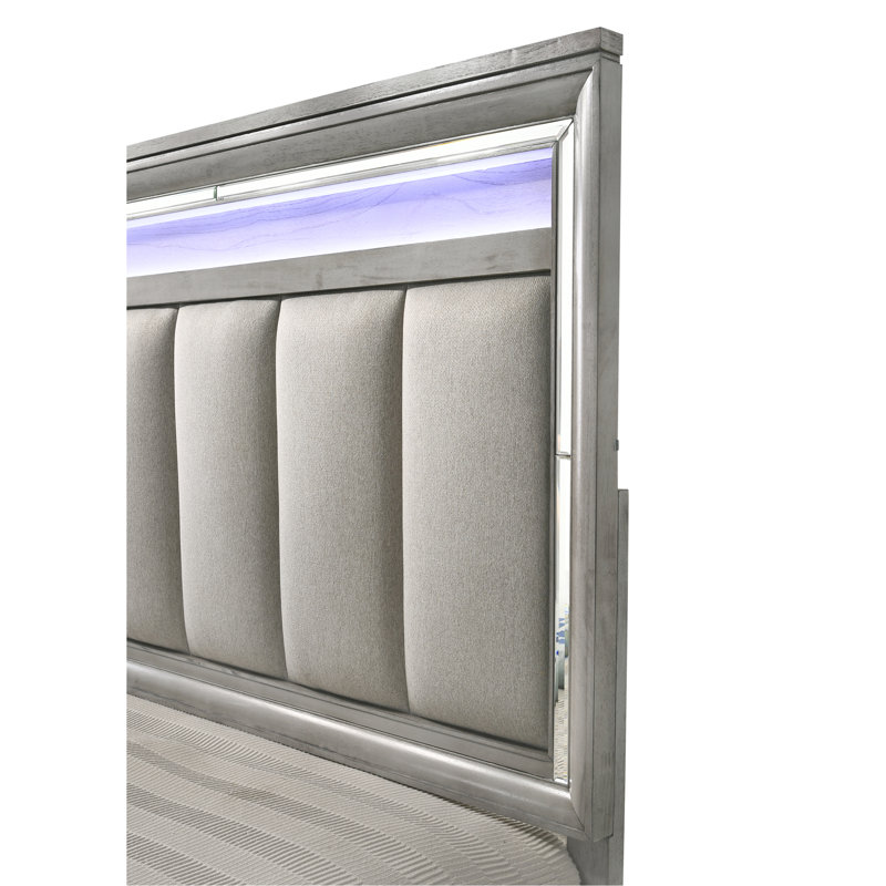 1pc grand lit à panneau avec éclairage à DEL intégré tête de lit capitonnée grain de bois gris doux mobilier en bois massif