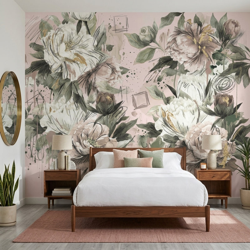 Décoration murale amovible pivoines rosées et accents dorés, 100 po x 96 po, Peler et coller