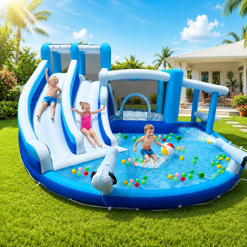 13.8 FT Inflatable Bounce House with Dual Water Slides, Splash Pool, Ball Pit and Blower Included, Blue