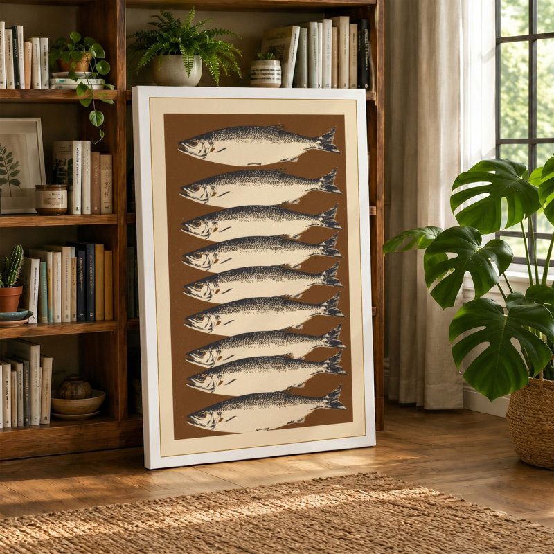 Seven Silvery Fish Botanical - Wrapped Canvas, 24x16 - 61.0 x 40.6 cm, Sage Border