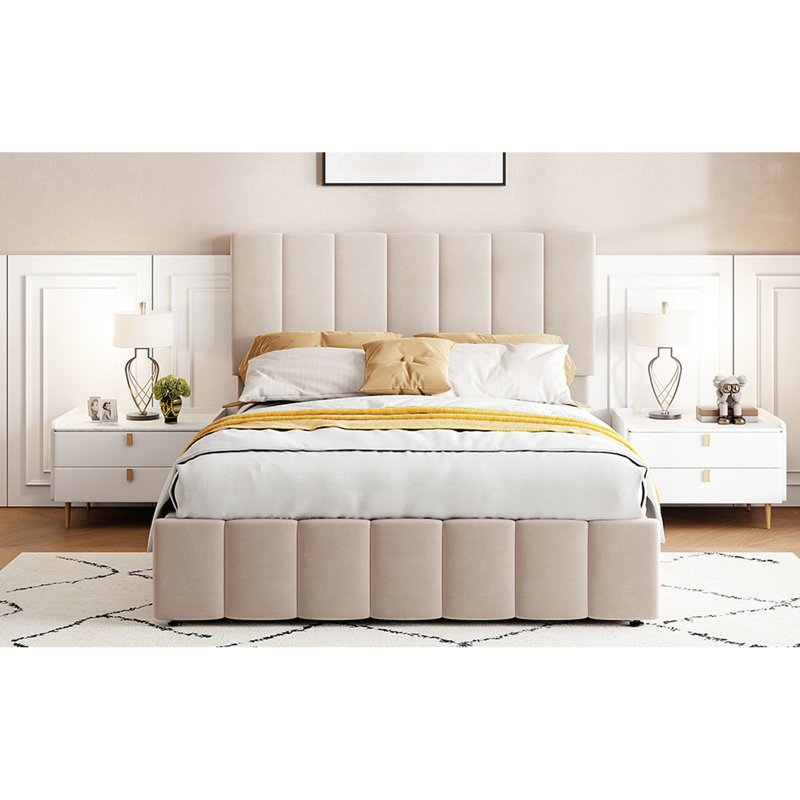 Lit de rangement double rembourré classique beige contemporain