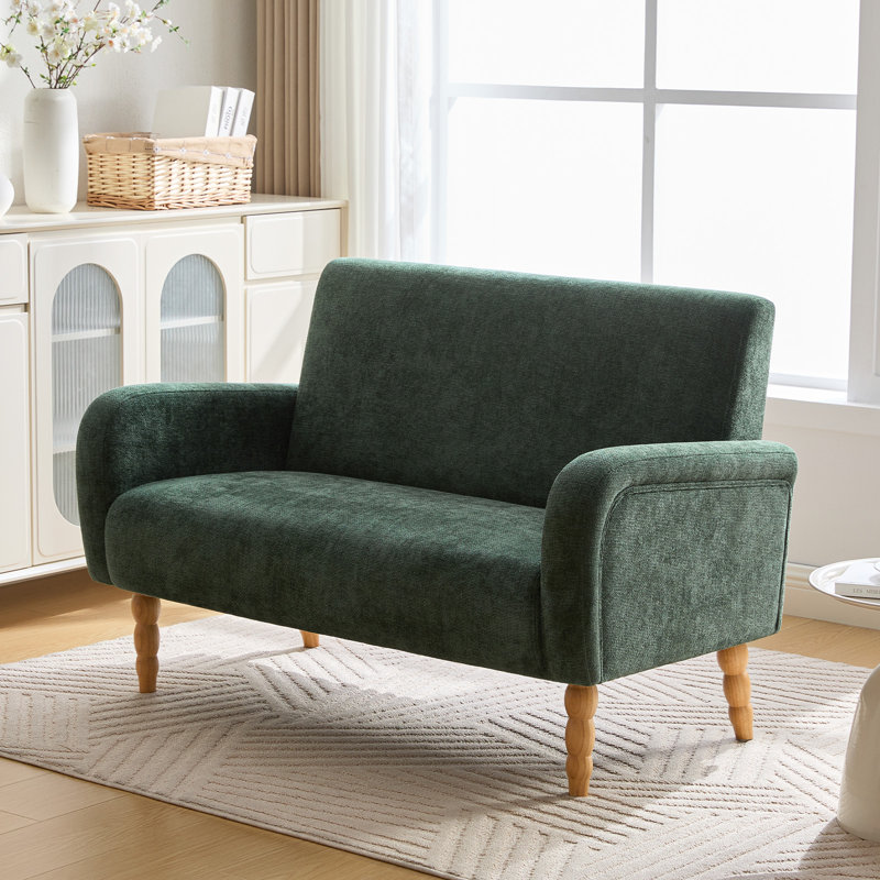 Small 2 Seater Sofa With Solid Rubberwood, Mid Century Modern Fabric Loveseat Sofa for Living Room Bedroom Office, Green