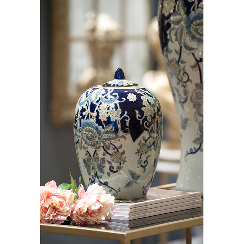 Pot à gingembre botanique avec couvercle, motifs floraux bleu blanc, 11 pouces