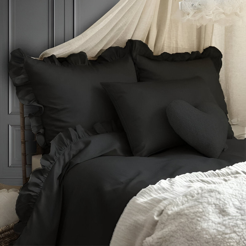 400TC Cotton Sateen Ruffle Cotton 4 Piece Sheet Set Fitted Sheet Fits Upto 16" Deep Pocket, Black, King Sheet Set