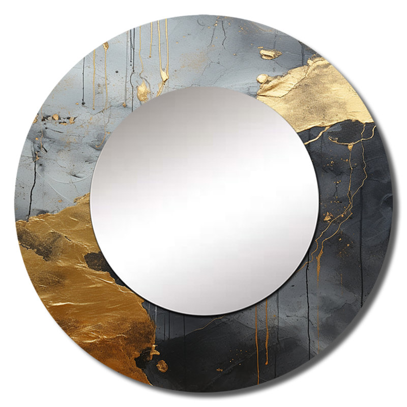 Minimalisme chrome doré et poteries noires I - miroir décoratif spirales abstraites, grand miroir mural rond moderne, impression d'art en métal